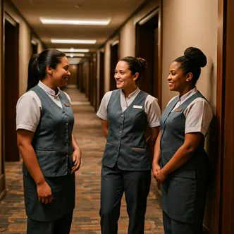 Housekeeping staff smiling and talking in a hotel hallway.
