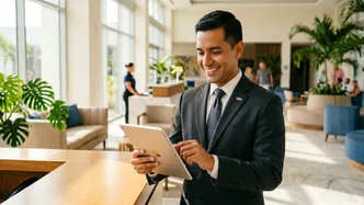 Happy hotel staff member smiling warmly while using a tablet in a bright, sunny hotel lobby.